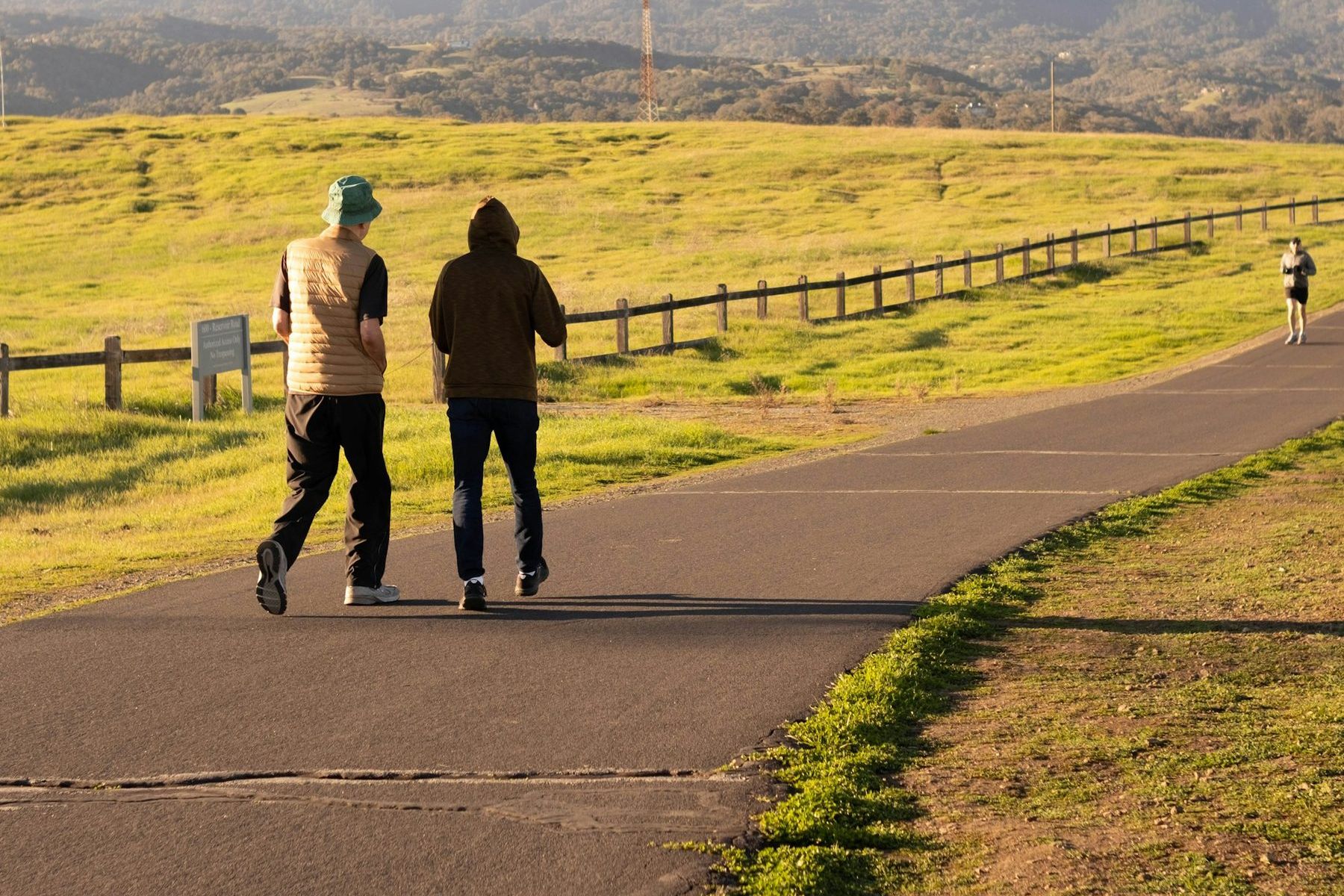 Deux promeneurs vus de dos sur une route de campagne, entre prairie et clôture