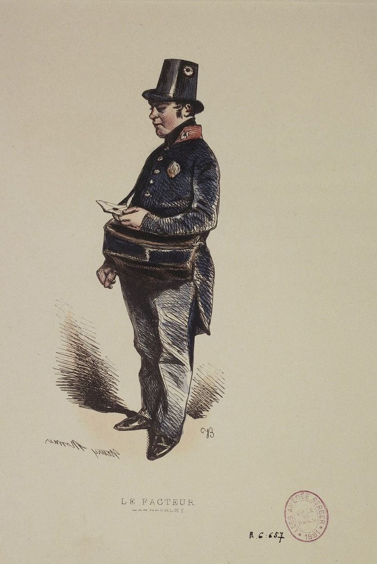 Lithographie colorée d'un facteur en uniforme bleu et chapeau haut de forme, lettres à la main